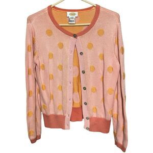 Talbots polka dot pink peach orange knit buttons down cardigan size S